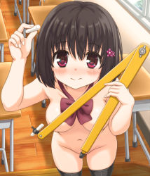Rule 34 | 1girl, aoi akua, black hair, black thighhighs, blush, bow, breasts, chalk, classroom, convenient censoring, desk, embarrassed, hair ornament, hairclip, holding, holding chalk, looking at viewer, medium breasts, navel, nude, original, purple bow, red eyes, short hair, solo, thighhighs, wooden floor