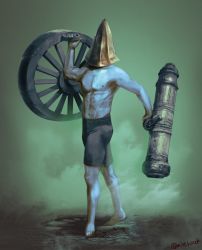 Rule 34 | 1boy, arm up, armor, barefoot, bloodborne, cannon, commentary request, full body, gold, green background, hat, helmet, holding, male focus, male underwear, miso katsu, muscular, navel, topless male, shorts, solo, standing, twitter username, underwear, wheel