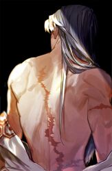 Rule 34 | 197 369, 1boy, back, back focus, black background, clothes down, facial mark, facing to the side, from behind, hair over shoulder, highres, inuyasha, japanese clothes, kimono, kimono pull, long hair, male focus, scar, scar on arm, scar on back, sesshoumaru, simple background, solo, toned, toned male, topless male, white kimono