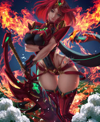 Rule 34 | 1girl, absurdres, arm under breasts, bob cut, boots, breasts, circlet, curvy, fingerless gloves, fire, flower, gloves, grin, highres, hlulani, holding, holding sword, holding weapon, large breasts, lips, looking at viewer, medium hair, night, night sky, pyra (xenoblade), red eyes, red footwear, red hair, red shorts, short sleeves, shorts, signature, sky, smile, solo, sword, teeth, thigh boots, thighhighs, weapon, white flower, wide hips, xenoblade chronicles (series), xenoblade chronicles 2