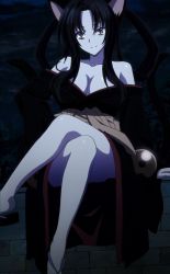 Rule 34 | 10s, 1girl, black hair, breasts, cleavage, high school dxd, highres, kuroka, kuroka (high school dxd), large breasts, long hair, night, sitting, smile, stitched, third-party edit, yellow eyes