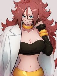Rule 34 | 1girl, android 21, blue eyes, breasts, choker, cleavage, collarbone, dragon ball, dragon ball fighterz, earrings, glasses, grey background, hair between eyes, hand up, hoop earrings, jewelry, kemachiku, lab coat, long hair, looking at viewer, majin android 21, medium breasts, midriff, navel, red hair, simple background, solo, yellow choker