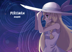 Rule 34 | 1girl, artist name, bare arms, bare shoulders, blonde hair, blue ribbon, blunt bangs, braid, breasts, collared dress, copyright name, creatures (company), dress, english text, engrish text, game freak, green eyes, hands on headwear, hat, hat ribbon, highres, kamichi, lillie (pokemon), long hair, nintendo, open mouth, pokemon, pokemon sm, profile, ranguage, ribbon, sideways mouth, sleeveless, sleeveless dress, small breasts, solo, sun hat, sundress, twin braids, typo, upper body, white dress, white hat