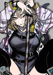 Rule 34 | 1girl, :p, absurdres, animal ears, arknights, arms up, black nails, black thighhighs, blood, blood on face, bloody weapon, breasts, brown hair, chuhaibane, dress, fang, feet out of frame, grey dress, highres, holding, holding sword, holding weapon, jacket, large breasts, long sleeves, looking at viewer, nail polish, open clothes, open jacket, purple eyes, short dress, short hair, sitting, smile, solo, sweater, sweater dress, sword, tail, thighhighs, tongue, tongue out, utage (arknights), weapon, white jacket