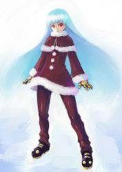 Rule 34 | 1girl, blue hair, boots, capelet, chestnut mouth, coat, full body, fur trim, gloves, gradient background, highres, johan (johan13), kula diamond, long hair, pants, red eyes, snk, solo, standing, the king of fighters, winter clothes, winter coat