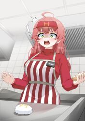 ! 1girl ^^^ absurdres ahoge alternate_costume apron breasts employee_uniform fast_food fast_food_uniform green_eyes highres hololive indoors large_breasts looking_at_object name_tag open_mouth pink_hair sakura_miko solo surprised teeth tnolize upper_teeth_only virtual_youtuber visor_cap wide-eyed