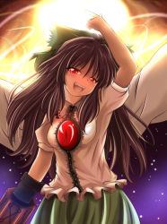 Rule 34 | 1girl, arm cannon, arm up, black hair, blush, bow, female focus, hair bow, long hair, open mouth, red eyes, reiuji utsuho, solo, sui. (ayase), touhou, weapon, wings
