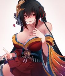 Rule 34 | 1girl, ahoge, azur lane, bare shoulders, bashiu zensen, black hair, breasts, cleavage, clothes lift, collarbone, commentary request, crossed bangs, dress, dress lift, feather-trimmed sleeves, grey background, hair between eyes, hair ribbon, hand on own chest, heart, highres, japanese clothes, kimono, large breasts, lifting own clothes, long hair, long sleeves, looking at viewer, mask, off shoulder, open mouth, red eyes, red kimono, red ribbon, ribbon, shaded face, sidelocks, signature, simple background, solo, striped ribbon, taihou (azur lane), thighhighs, twintails, very long hair, wide sleeves