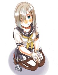 Rule 34 | 1girl, blue eyes, brown pantyhose, from above, full body, gloves, grey sailor collar, grey skirt, hair ornament, hair over one eye, hairclip, hamakaze (kancolle), kantai collection, looking at viewer, neckerchief, pantyhose, pleated skirt, sagamiso, sailor collar, school uniform, serafuku, short hair, short sleeves, silver hair, simple background, skirt, solo, squatting, white background, white gloves, yellow neckerchief
