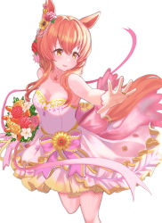 Rule 34 | 1girl, absurdres, animal ears, bare shoulders, bouquet, dress, fishnet pantyhose, fishnets, flower, frilled dress, frills, hair flower, hair ornament, highres, holding, holding bouquet, horse ears, horse girl, horse tail, jewelry, long hair, looking at object, mayano top gun (sunlight bouquet) (umamusume), mayano top gun (umamusume), orange hair, pantyhose, parted lips, ring, samgo, simple background, smile, solo, strapless, strapless dress, tail, umamusume, wedding band, wedding dress, white pantyhose, yellow eyes