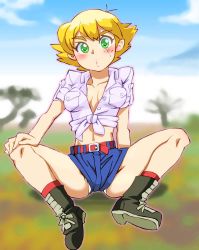 Rule 34 | 1girl, :o, blonde hair, blush, breasts, cleavage, commentary request, daisougen no chiisana tenshi bush baby, front-tie top, graphite (medium), green eyes, jacqueline rhodes, looking at viewer, medium breasts, midriff, millipen (medium), navel, no bra, onnaski, open clothes, open shirt, shirt, short hair, short shorts, shorts, sitting, solo, spread legs, tied shirt, traditional media, world masterpiece theater
