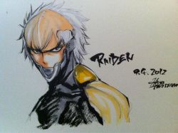 Rule 34 | 10s, 1boy, 2012, character name, cyborg, dated, glaring, grey hair, helmet, male focus, mashima hiro, metal gear (series), metal gear solid, metal gear solid 4: guns of the patriots, portrait, raiden (metal gear), signature, sleeveless, solo, spiked hair, traditional media, white hair