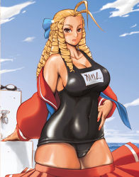Rule 34 | 1990s (style), 1girl, antenna hair, black one-piece swimsuit, blonde hair, breasts, brown eyes, brown hair, capcom, cleavage, clothes pull, cloud, day, drill hair, hair slicked back, hand on own hip, hip focus, kanzuki karin, large breasts, latex, long hair, nail polish, name tag, one-piece swimsuit, open clothes, open shirt, plump, retro artstyle, ringlets, school swimsuit, school uniform, serafuku, shirt, skirt, skirt pull, sky, solo, street fighter, street fighter zero (series), swimsuit, undressing, water, yunioshi