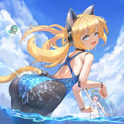Rule 34 | :3, absurdres, android, animal ears, ass, back, betty (neural cloud), blonde hair, blue eyes, blue one-piece swimsuit, cat ears, cat girl, cat tail, character request, choker, fang, from behind, girls&#039; frontline, girls&#039; frontline neural cloud, highres, huge ass, idw (girls&#039; frontline), light blush, long hair, looking at viewer, looking back, making-of available, mechanical arms, ocean, one-piece swimsuit, pantyhose, pantyhose under swimsuit, partially underwater shot, paw pose, robot ears, shoulder blades, sky, smile, solo focus, splashing, swept bangs, swimsuit, tail, twintails, wading, water, water gun, zerowill