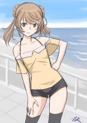 Rule 34 | 1girl, alternate costume, bare shoulders, black shorts, black thighhighs, blouse, blue sky, blurry, brown eyes, cloud, collarbone, commentary request, day, depth of field, double bun, hair bun, hand on own hip, highres, horizon, kantai collection, leaning to the side, light brown hair, looking at viewer, michishio (kancolle), ocean, off shoulder, outdoors, shirt, short shorts, short twintails, shorts, sketch, sky, solo, t2r, thighhighs, twintails, yellow shirt