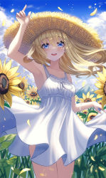 Rule 34 | 1girl, :d, absurdres, armpits, bad id, bad pixiv id, bare shoulders, blonde hair, blue eyes, blue sky, blush, breasts, cloud, cloudy sky, collarbone, commentary request, day, dress, field, flower, flower field, hand up, hat, highres, long hair, looking at viewer, open mouth, original, outdoors, petals, plant, poise, ribbon, sky, sleeveless, sleeveless dress, small breasts, smile, solo, spaghetti strap, standing, straw hat, sun hat, sundress, sunflower, sunflower field, white dress, white ribbon, yellow flower