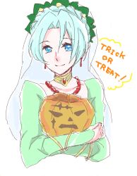 Rule 34 | 1girl, aliasing, aqua hair, blue eyes, bracelet, braid, breasts, choker, cleavage, dress, earrings, english text, grune (tales), jack-o&#039;-lantern, jewelry, light smile, necklace, pumpkin, short hair, simple background, smile, solo, tales of (series), tales of legendia, text focus, trick or treat, veil, white background