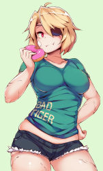 Rule 34 | 1girl, bad id, bad tumblr id, blonde hair, breasts, clothes writing, doughnut, eating, eyepatch, food, hand on own hip, large breasts, looking at viewer, original, red eyes, scar, shirt, short hair, short shorts, shorts, skindentation, solo, t-shirt, zako (arvinry)