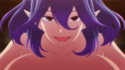 Rule 34 | 1girl, animated, anime screenshot, breast focus, breasts, close-up, collarbone, demon girl, highres, horns, kinsou no vermeil, large breasts, looking at viewer, nude, out-of-frame censoring, pointy ears, purple hair, red eyes, screencap, smile, solo, vermeil (kinsou no vermeil), video, wet