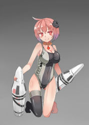 Rule 34 | 10s, 1girl, breasts, collar, female focus, hair ornament, highres, kantai collection, large breasts, looking at viewer, missile, one-piece swimsuit, original, personification, pink eyes, pink hair, single thighhigh, smile, solo, stmast, swimsuit, thighhighs, weapon