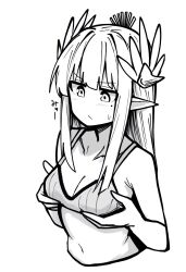 1girl arknights blush bra breasts cleavage closed_mouth commentary_request cropped_torso elf greyscale hands_on_own_breasts highres long_hair looking_at_breasts looking_down makigirisu medium_breasts mole mole_under_eye monochrome muelsyse_(arknights) navel outline pointy_ears sidelocks simple_background solo thick_outlines underwear white_background