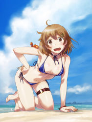 Rule 34 | 1girl, 1other, all fours, animal, animal on shoulder, bandaid, bandaid on face, barefoot, beach, bikini, blue bikini, blue sky, breasts, brown eyes, brown hair, cloud, commentary request, crab on shoulder, day, fang, kantai collection, looking at viewer, oboro (destroyer), oboro (kancolle), outdoors, sameha ikuya, ship, short hair, side-tie bikini bottom, skin fang, sky, small breasts, smile, swimsuit, thigh strap, watercraft