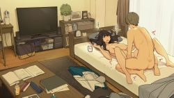 Rule 34 | 1boy, 1girl, bed, black hair, book, bottle, breasts, brown hair, censored, completely nude, curtains, earrings, hetero, highres, indoors, jewelry, large breasts, long hair, lying, missionary, mosaic censoring, nipples, nude, on back, original, pillow, plant, sex, short hair, table, television, vaginal, wakamatsu372, window