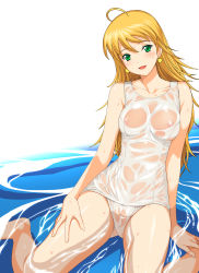 Rule 34 | 00s, 1girl, a1 (initial-g), absurdres, blonde hair, blush, cameltoe, earrings, green eyes, highres, hoshii miki, idolmaster, idolmaster (classic), idolmaster 1, jewelry, kneeling, long hair, one-piece swimsuit, school swimsuit, see-through, sitting, solo, swimsuit, water, white one-piece swimsuit, white school swimsuit