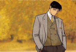 Rule 34 | 1boy, black eyes, black hair, blurry, blurry background, coat, formal, fullmetal alchemist, grey coat, hand in pocket, looking away, male focus, necktie, pants, roy mustang, serious, shaded face, shirt, short hair, simple background, smile, solo, standing, waistcoat, white shirt, yellow background