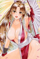 Rule 34 | 1girl, absurdres, armpits, breasts, brown eyes, brown hair, cleavage, curvy, fatal fury, female focus, folding fan, hand fan, highres, holding, holding fan, large breasts, long hair, looking at viewer, matching hair/eyes, ninja, open mouth, pelvic curtain, petals, ponytail, shiranui mai, smile, solo, thick thighs, thighs, wide hips