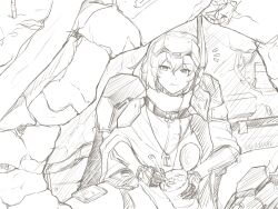 Rule 34 | 1girl, armor, can, canned food, cellphone, cloak, dog tags, eating, goddess of victory: nikke, greyscale, hair between eyes, holding, holding can, holding spoon, kanein, long hair, looking at viewer, mechanical arms, monochrome, outdoors, phone, shoulder armor, single mechanical arm, sketch, smartphone, snow white (nikke), solo, spoon, visor (armor)