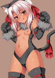 Rule 34 | 1girl, animal ear fluff, animal ears, bare shoulders, black gloves, black leotard, black thighhighs, blush, breasts, breasts out, brown background, cat ears, cat tail, center opening, chloe von einzbern, closed mouth, dark-skinned female, dark skin, elbow gloves, fate/kaleid liner prisma illya, fate (series), fur collar, fur trim, gloves, hair between eyes, hair ribbon, leotard, licking lips, long hair, looking at viewer, navel, nipples, official alternate costume, orange eyes, paw pose, pink hair, red ribbon, ribbon, simple background, small breasts, smile, solo, tail, thighhighs, tongue, tongue out, toshishikisai