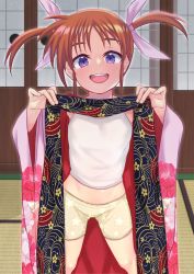 Rule 34 | 1girl, blush, breasts, brown hair, clothes lift, highres, indoors, japanese clothes, kimono, kimono lift, lifted by self, looking at viewer, lyrical nanoha, mahou shoujo lyrical nanoha, nekokyun, open mouth, purple eyes, shiny skin, shirt, short hair, small breasts, smile, snowing, solo, standing, takamachi nanoha, twintails, white shirt, window