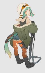 Rule 34 | 1girl, ass, blue hair, boots, female focus, from behind, full body, goggles, goggles on head, gradient hair, grey background, gun, hat, highres, hood, jacket, looking back, mogumo, multicolored hair, open mouth, pantyhose, scabbard, sheath, short shorts, shorts, simple background, skindentation, solo, tail, thigh strap, torn clothes, torn pantyhose, weapon