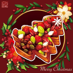 Rule 34 | artist logo, christmas, flower, food, food focus, fruit, fruitcake, highres, merry christmas, no humans, original, strawberry, yuki00yo
