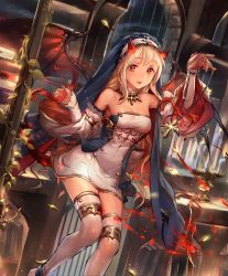 Rule 34 | 1girl, artist request, bare shoulders, blonde hair, book, boots, candle, candlestand, choker, church, cross, cygames, demon girl, demon horns, demon tail, demon wings, detached sleeves, dress, fangs, frills, habit, horns, jewelry, long hair, looking at viewer, marcotte heretical sister, necklace, official art, plant, red eyes, rosary, shadowverse, tail, thigh boots, thighhighs, vines, wings