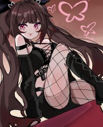 1girl absurdres alternate_costume arm_strap bare_shoulders black_footwear black_ribbon boots brown_hair commentary crop_top eclipxare eyeshadow facial_mark fishnet_pantyhose fishnets goth_fashion hair_ribbon highres honkai:_star_rail honkai_(series) long_sleeves makeup mark_under_both_eyes midriff pantyhose pink_eyes ribbon sitting solo sparkle_(honkai:_star_rail) twintails