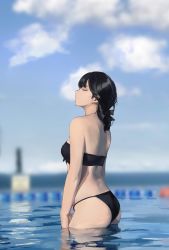 Rule 34 | 1girl, ass, back, bare shoulders, bikini, black bikini, black hair, blue sky, blurry, blurry background, breasts, closed eyes, closed mouth, cloud, commentary, day, from side, highres, leviathan (hikinito0902), long hair, medium breasts, original, outdoors, photo-referenced, pool, profile, sky, solo, strapless, strapless bikini, swimsuit, wading, water