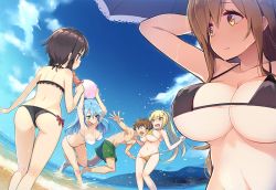 Rule 34 | 10s, 1boy, 4girls, :d, aqua (konosuba), arm at side, armpits, arms up, ass, back, ball, bare arms, bare legs, bare shoulders, barefoot, beach, beach umbrella, beachball, between breasts, bikini, bikini pull, black bikini, black hair, blonde hair, blue eyes, blue hair, blue sky, blush, bow, breasts, brown eyes, brown hair, cheek press, cleavage, clenched hand, clothes lift, clothes pull, cloud, collarbone, confused, covered erect nipples, darkness (konosuba), day, dutch angle, embarrassed, eyelashes, food, frilled bikini, frills, gluteal fold, green eyes, green male swimwear, green swim trunks, groin, hair between eyes, hair bobbles, hair ornament, hairclip, half updo, halterneck, hanging breasts, head between breasts, holding, holding ball, holding food, kono subarashii sekai ni shukufuku wo!, lace trim, large breasts, leg up, long hair, looking at another, looking back, male swimwear, medium breasts, megumin, mountain, multiple girls, navel, ocean, open hand, open mouth, outdoors, outstretched arm, palms, parted lips, pectorals, ponytail, profile, pulling another&#039;s clothes, red bow, red eyes, satou kazuma, shade, shirt lift, short hair, short hair with long locks, sideboob, sidelocks, sky, smile, spread fingers, squid, standing, stomach, strap gap, strapless, strapless bikini, string bikini, summer, surprised, swim trunks, swimsuit, tam-u, thigh gap, umbrella, underboob, very long hair, w arms, wading, water, wedgie, wet, white bikini, wiz (konosuba), x hair ornament