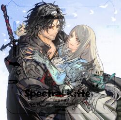 Rule 34 | 1boy, 1girl, armor, beard, black hair, cape, clive rosfield, couple, facial hair, final fantasy, final fantasy xvi, fingerless gloves, gloves, grey hair, highres, hood, hooded cape, hug, jill warrick, long hair, looking at another, low-tied long hair, mully1025ovo, official alternate costume, smile, sword, watermark, weapon, weapon on back