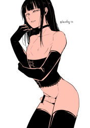 Rule 34 | 1boy, arched back, artist name, bar censor, black hair, censored, choker, collarbone, corset, crossdressing, elbow gloves, erection, gloves, hime cut, locon, monochrome, navel, original, parted lips, penis, solo, thighhighs, trap