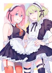 Rule 34 | 1boy, 1girl, :q, aina ardebit, alternate costume, apron, arms behind back, back bow, black dress, black thighhighs, blue eyes, border, bow, breasts, crossdressing, dress, from above, garter straps, green hair, hands on own hips, highres, large breasts, lio fotia, looking at viewer, maid, maid apron, maid headdress, moegi0926, necktie, o-ring, o-ring thigh strap, open mouth, pink hair, promare, puffy short sleeves, puffy sleeves, purple eyes, red necktie, red thighhighs, short hair, short sleeves, side ponytail, sleeveless, sleeveless dress, thigh strap, thighhighs, tongue, tongue out, trap, white border, white wrist cuffs, wrist cuffs, zettai ryouiki
