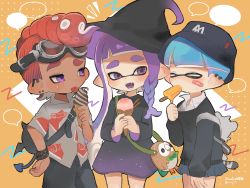 Rule 34 | 2022, 3boys, absurdres, bandaid, bandaid on face, black dress, blue hair, bob cut, braid, child, closed eyes, closed mouth, collared shirt, creatures (company), dress, ear piercing, fangs, food, food in mouth, game freak, gen 7 pokemon, highres, ice cream, ice cream cone, inkling, inkling boy, inkling girl, inkling player character, looking at another, mask, multiple boys, nintendo, octoling, octoling boy, octoling player character, omurice (roza4957), open mouth, piercing, pokemon, popsicle, popsicle in mouth, purple eyes, purple hair, red hair, rowlet, shirt, short sleeves, single braid, skirt, smile, soft serve, splatoon (series), sweatdrop, sweater, tentacle hair, tongue, tongue out, waffle cone