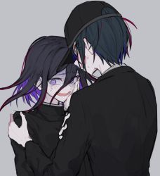 Rule 34 | 2boys, black hair, black headwear, black jacket, blush, colored inner hair, commentary request, crying, crying with eyes open, danganronpa (series), danganronpa v3: killing harmony, grey background, grin, hair between eyes, hand on another&#039;s arm, hand on another&#039;s cheek, hand on another&#039;s face, hat, highres, iumi urura, jacket, long sleeves, looking at another, looking to the side, male focus, medium hair, multicolored hair, multiple boys, open mouth, oma kokichi, purple eyes, purple hair, saihara shuichi, short hair, sideways glance, simple background, smile, tears, upper body