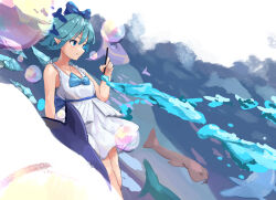 Rule 34 | 1girl, blue bow, blue eyes, blue hair, bow, cirno, closed mouth, commentary, detached wings, english commentary, fish, hair bow, highres, holding, holding paintbrush, ice, ice wings, paintbrush, pointy ears, shirt, short hair, skirt, sleeveless, sleeveless shirt, smile, solo, touhou, vanilla flan, white shirt, white skirt, wings