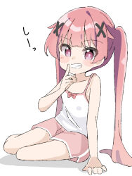 Rule 34 | 1girl, bare arms, bare shoulders, blush stickers, bow, camisole, collarbone, commentary request, finger to mouth, full body, grin, hair ornament, highres, kapuru 0410, long hair, pink hair, pink shorts, purple eyes, red bow, shadow, short shorts, shorts, shushing, simple background, smile, solo, tanemura koyori, twintails, very long hair, watashi ni tenshi ga maiorita!, white background, white camisole, x hair ornament