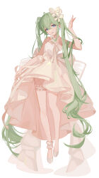 Rule 34 | 1girl, absurdly long hair, absurdres, ankle scrunchie, arm at side, armpit crease, aryarwr, back bow, bare arms, bare legs, blue eyes, bow, bow earrings, bridal garter, chest bow, commentary, dress, earrings, eyelashes, flats, full body, green hair, hair bow, halter dress, halterneck, hand up, hatsune miku, head tilt, high-low skirt, highres, hoop earrings, jewelry, legs together, light smile, long dress, long hair, long legs, looking at viewer, parted lips, scrunchie, shoes, simple background, sleeveless, sleeveless dress, solo, straight hair, tareme, twintails, very long hair, vocaloid, waist bow, white background, white bow, white bridal garter, white dress, white footwear, white scrunchie
