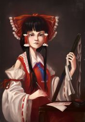 Rule 34 | 1girl, ascot, blunt bangs, bow, breasts, brown eyes, detached sleeves, frilled bow, frills, gohei, grey background, hair bow, hair tubes, hakurei reimu, highres, holding, holding pen, holding stick, light smile, looking at viewer, medium breasts, nontraditional miko, ofuda, pen, red bow, ribbon-trimmed sleeves, ribbon trim, riki6, simple background, solo, stick, touhou