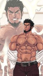 Rule 34 | 1boy, abs, bara, beard, belt, blush, body hair, bulge, chest hair, chun (luxtan), facial hair, hairy, highres, large pectorals, looking at viewer, male focus, manly, muscular, navel, nipples, original, pants, pectorals, red pants, sexually suggestive, short hair, smirk, solo, standing, sweat, tight clothes, undressing
