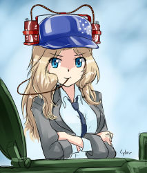Rule 34 | 10s, 1girl, artist name, baseball cap, beer hat, blonde hair, blue eyes, breasts, coca-cola, crossed arms, cyber (cyber knight), girls und panzer, hat, jacket, kay (girls und panzer), long hair, military, military vehicle, motor vehicle, necktie, product placement, school uniform, signature, soda, solo, tank, uniform, vehicle
